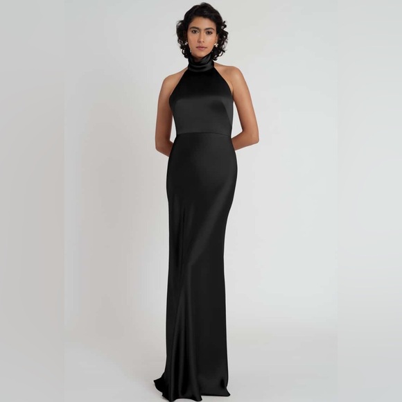 Jenny Yoo Black Luxe Satin Halter Neck Low Back Nicole Gown - Picture 3 of 13